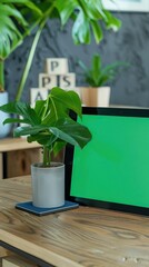 tablet with a green screen propped up against a visually pleasing pot plant sitting on a wooden modern table