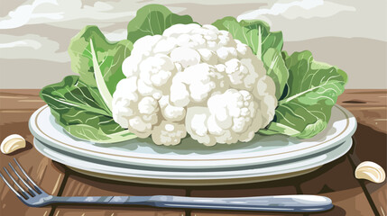 Plate with cauliflower cabbage on table Vector style