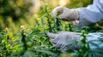 A team of scientists measuring the growth of cannabis plants and documenting their findings on a hemp farm