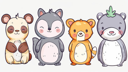 Naklejka premium Funny cartoon animals with white background. simple draw style