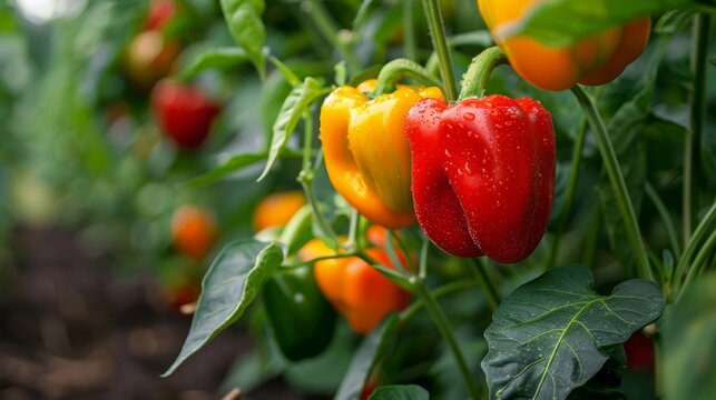 A vibrant organic bell pepper plant, with peppers in various stages of ripeness.