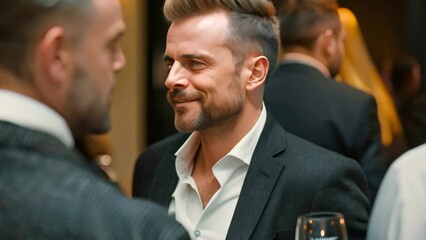 A man in a business suit holding a glass of wine at a corporate event, A business man networking at a corporate event