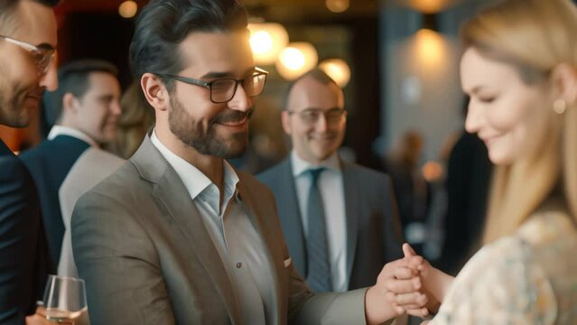 Businessman networking at social event shakes hands with a woman, A businessman networking at a social event, shaking hands