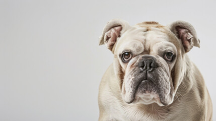 Fototapeta premium Engaging portrait of a beige bulldog featuring a forward-facing, close-up shot that is cinematic with strong contrast. 