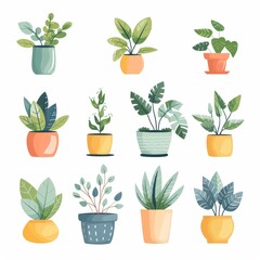 6 clipart of indoor plants , simple and minimalist design, pastel colors, cute and charming, isolated on a white background