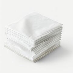 A pile of white napkins neatly arranged on a plain white background