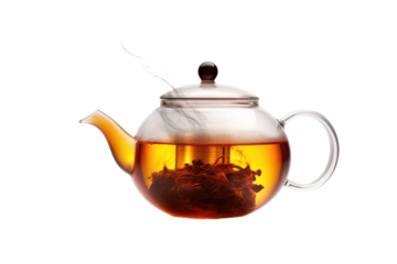 The Dancing Elixir: A Glass Tea Pot Filled With Tea on White or PNG Transparent Background.