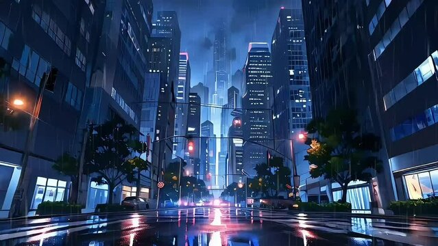 rainy evening in a bustling city, where the wet streets reflect the glow of building lights and street lamps.