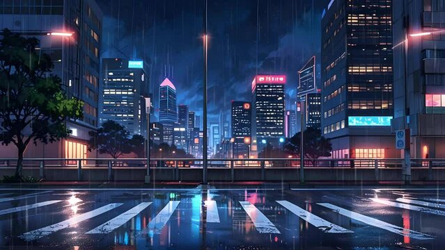 Rainy night in a city, with neon-lit buildings and reflections on the wet streets creating a vibrant urban atmosphere.