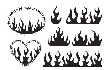 Set Wire Barb heart, oval frame y2k tattoo border, flame silhouette gothic spiky punk print neo tribal isolated on white background. Barbwire emo boundary heart shape.