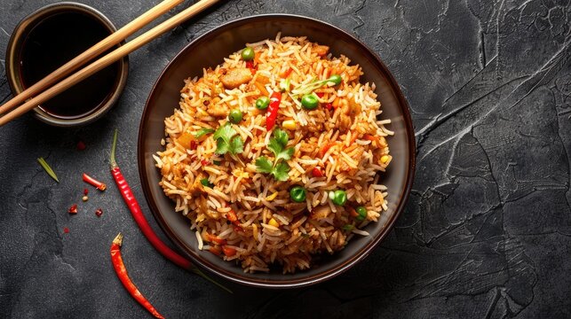 Popular Indo Chinese Dish Schezwan Fried Rice Masala Served with Chopsticks and Traditional Accompaniments