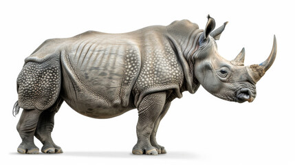 Obraz premium A young rhinoceros, side view, white solid background, photorealistic, professional studio light