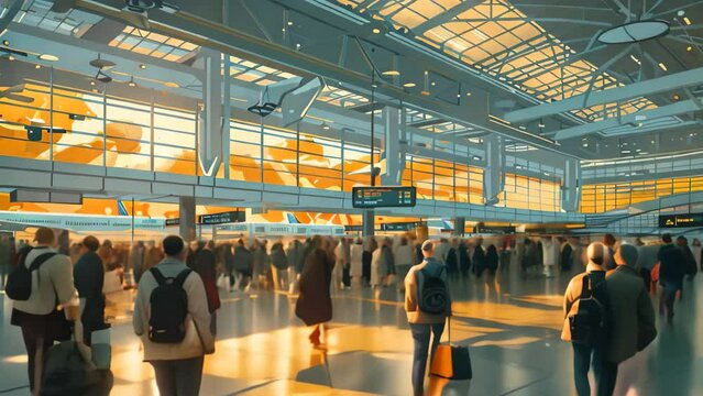 Crowd of travelers walking through busy airport terminal, A bustling airport terminal with travelers rushing to their gates