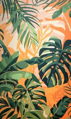 a tropical plants wall mural with monstera ficus on a two tone background, in the style of minimalist color field