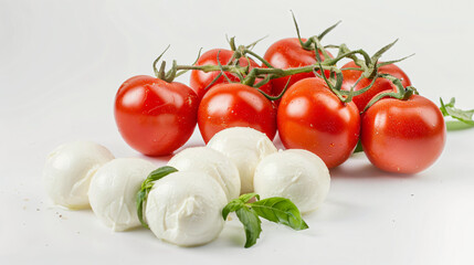 Mozzarella cheese with tomatoes on white background --