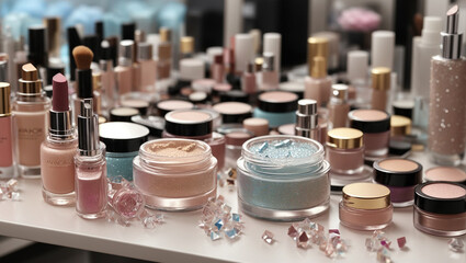 There are various makeup products and tools on a table including makeup brushes, eyeshadow, lipstick, and nail polish.

