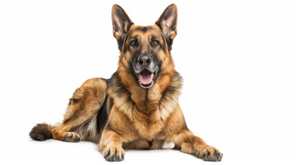 A sitting German Shepherd Dog smiling at the camera, full body, white background