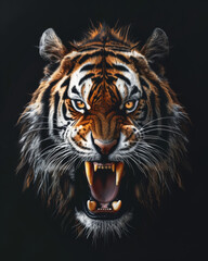 Angry tiger's head with one shiny gold fang on a solid black background