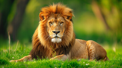 Fototapeta premium A lion lying down and looking towards the camera. The background is all green