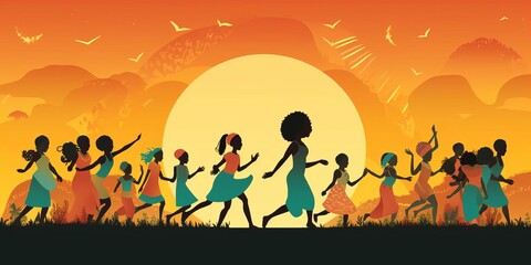 Fototapeta premium Group of happy african children running at sunset