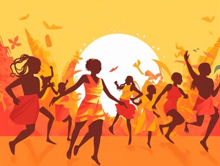 Group of happy african people dancing at sunset