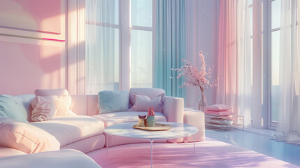 A pink and blue room with a white couch and a white coffee table