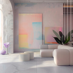 A living room with a pink and blue abstract painting on the wall