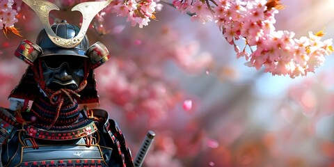 Samurai warrior in traditional armor and sword surrounded by cherry blossoms. Concept History, Tradition, Japan, Armor, Samurai