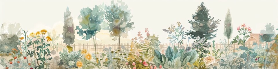 drawing of a vegetable garden, very pale colors, cottage core style 