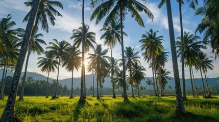 Obraz premium Coconut palm tree plantation in Sunset Cottages Gorontalo province