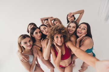No filter studio photo of delicate shiny women underwear tacking selfie loving body positive...