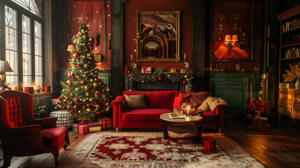 Fototapeta na wymiar A red couch sits in front of a Christmas tree