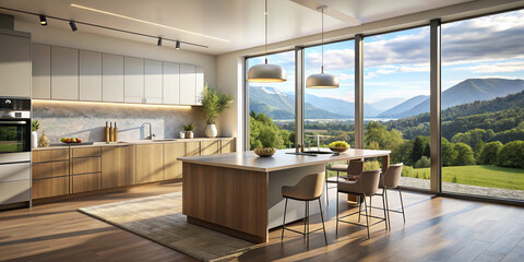 Contemporary kitchen with a minimalist vibe, accentuated by a large window offering scenic views and plenty of sunlight