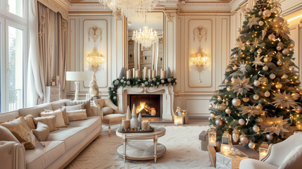 A large, ornate living room with a fireplace and a Christmas tree