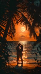 An intimate moment with a couple kissing, silhouetted against a sunset by the ocean, framed by palm leaves