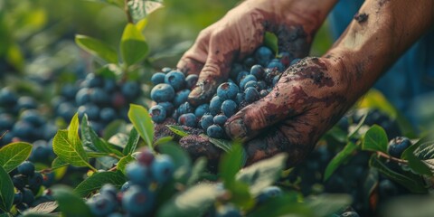 An organic blueberry farm during peak picking season, with close-ups of hands collecting berries.