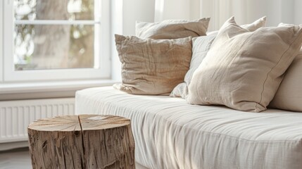 White Sofa With Beige Pillows and Wooden Stump by Window