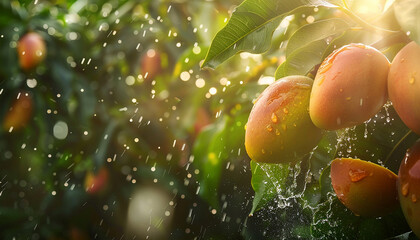 summer fruit mango hanging on a tree with water droplet generated by AI