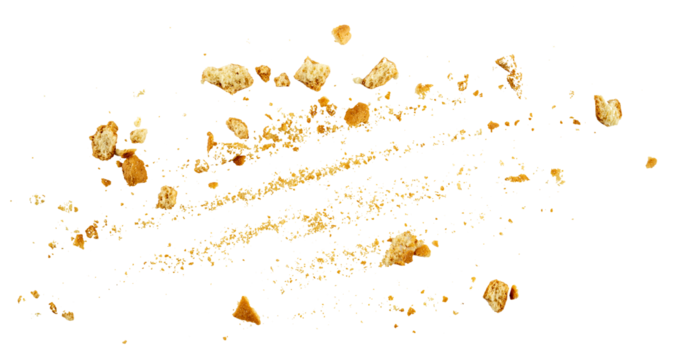 Pile of cake crumbs, the heap of crunchy, cracked crispy, crumbled cake, Photoshop brush, grunge graphic overlay element isolated on a transparent background