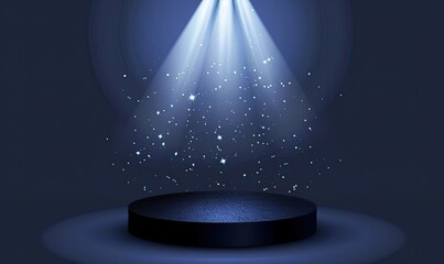 A central podium bathed in blue spotlights creates a dramatic and engaging scene