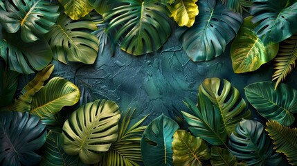 Fototapeta premium a collection of exotic tropical leaves, each leaf showcasing intricate patterns and vibrant shades of green. 