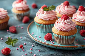 Pink frosted cupcakes with raspberries perfect for dessert menus, bakery ads, and recipe blogs.