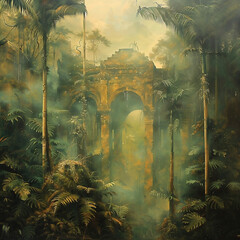 Mystical temple in jungle. Fantasy painting. Digital illustration.