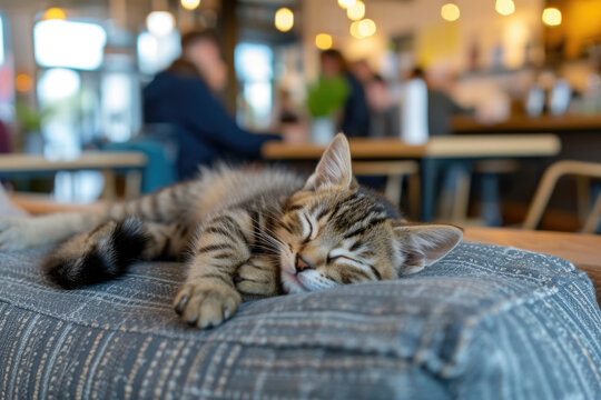cute tabby kitty is sleeping on a cushion in a pet friendly cafe