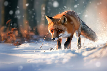 Obraz premium Fox walking through snowy forest with snowflakes falling and sunlight filtering through trees