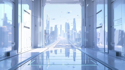 3D illustrate of a portal in a futuristic cityscape, glossy and highdefinition