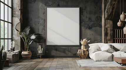 Blank picture frame in hipster home interior