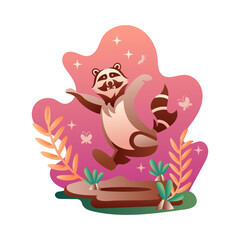 FLAT DESIGN 52 VECTOR ILLUSTRATION OF CUTE RACOON JUMPING IN ACTION WITH NATURE BACKGROUND