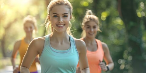 Fototapeta premium Young women jogging on road near trees smiling in tank tops. Concept Outdoor Fitness, Running Group, Healthy Lifestyle, Smiling Women, Nature Views