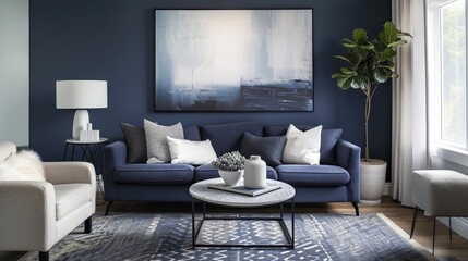 Modern Living Room with Blue Accents and Comfortable Furniture in a Contemporary Style, Featuring Navy Blue and Light Gray for a Chic and Inviting Home Space